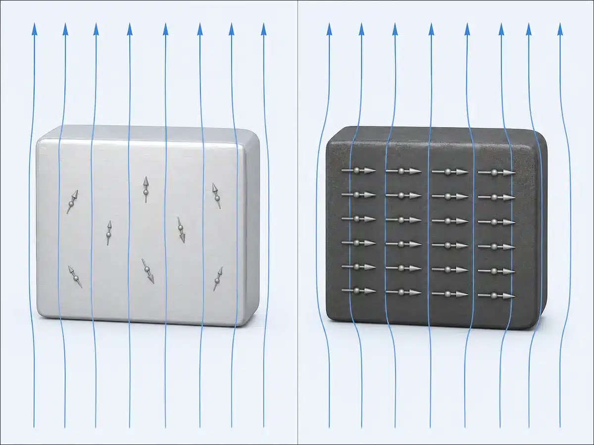 Illustration comparing weak paramagnetic response of aluminum with ferromagnetic steel