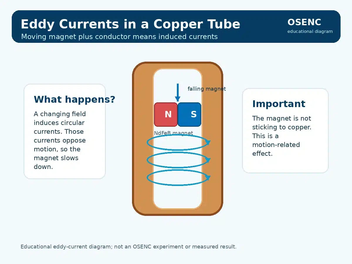 Magnet moving through a copper tube with eddy current loops