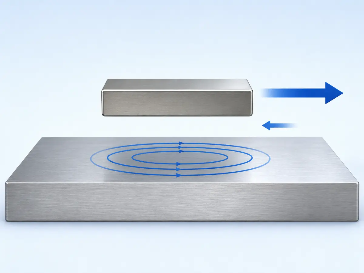 Moving magnet above aluminum producing eddy currents and opposing magnetic drag
