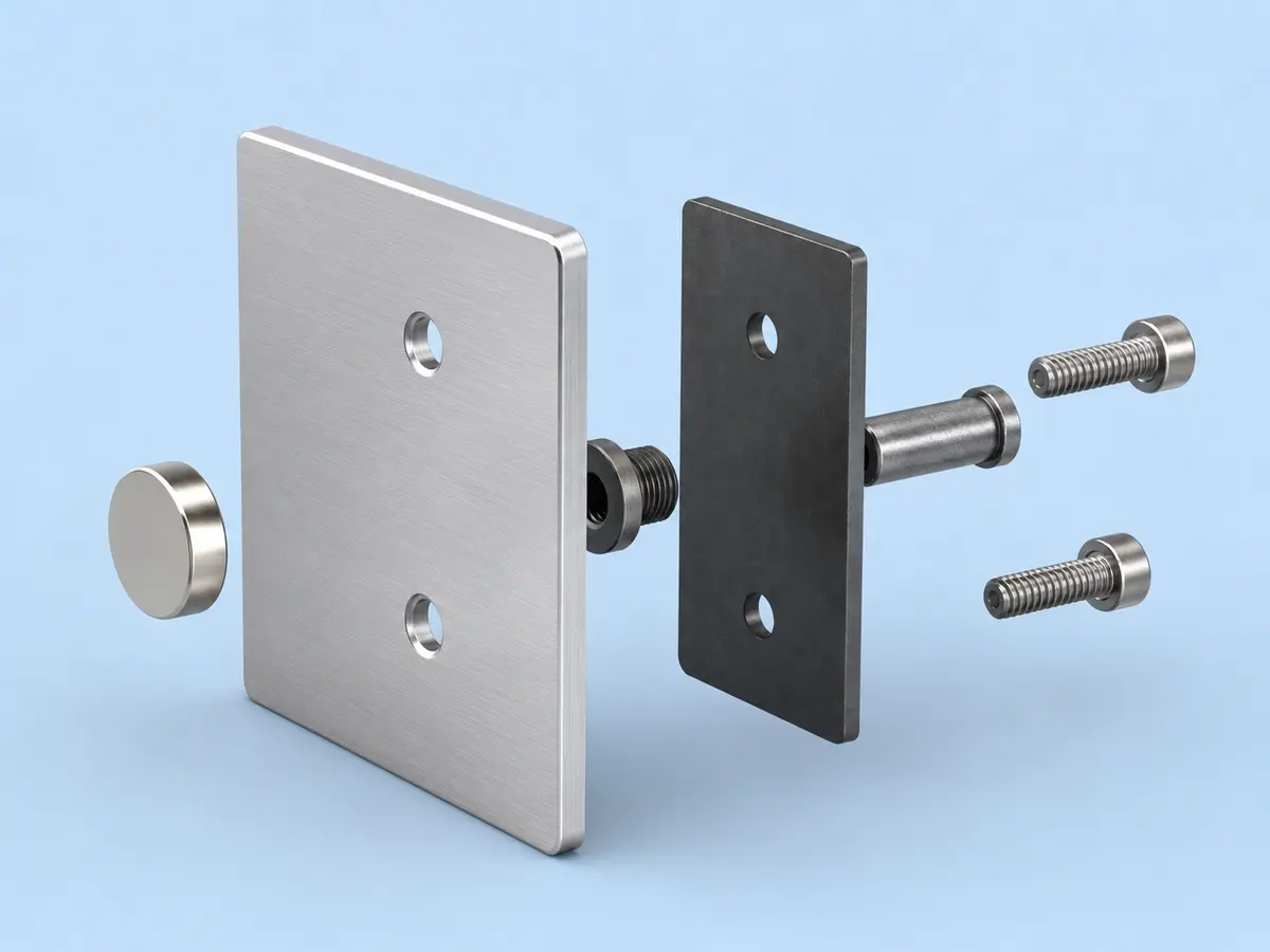 Exploded aluminum assembly showing hidden steel insert, backing plate, shaft and screws