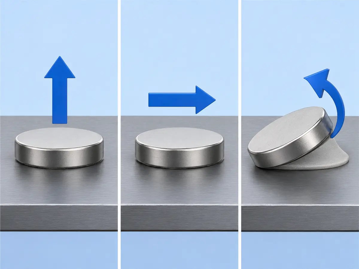 Pull, shear and peel load directions for a magnet mounted on a metal surface