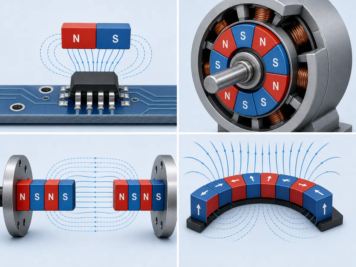 Polaridad magnética en un sensor Hall, el rotor de un motor, un acoplamiento magnético y una matriz de Halbach