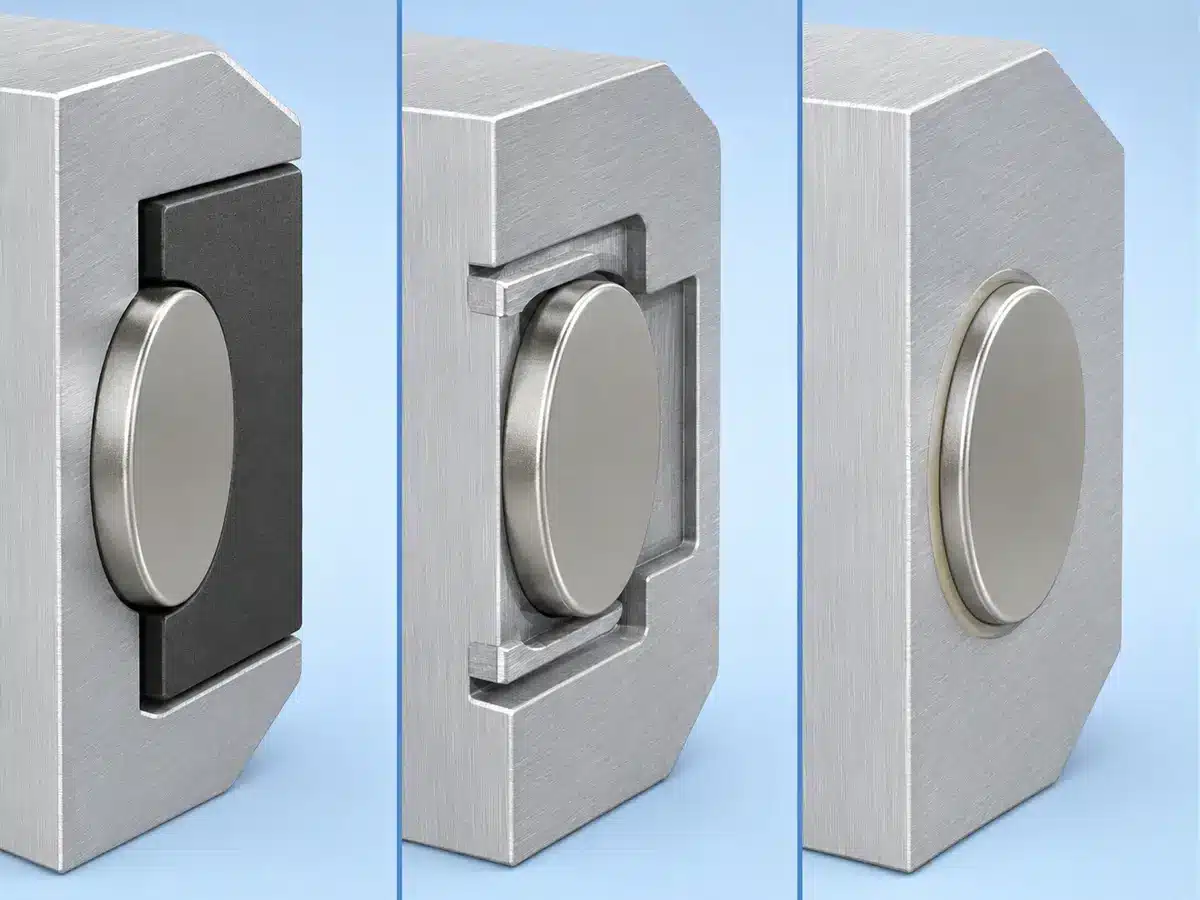 Three ways to retain a magnet in aluminum using steel, mechanical capture or adhesive