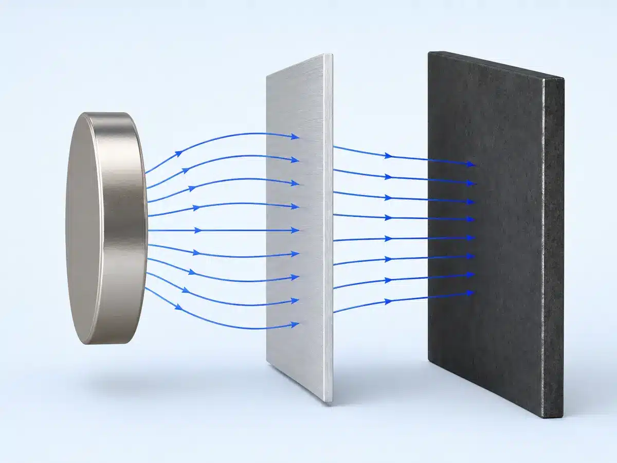 Magnetic field passing through an aluminum panel toward a steel target plate