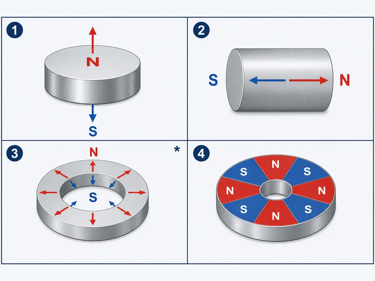 Ubicación de los polos de magnetización axiales, diametrales, radiales y multipolares