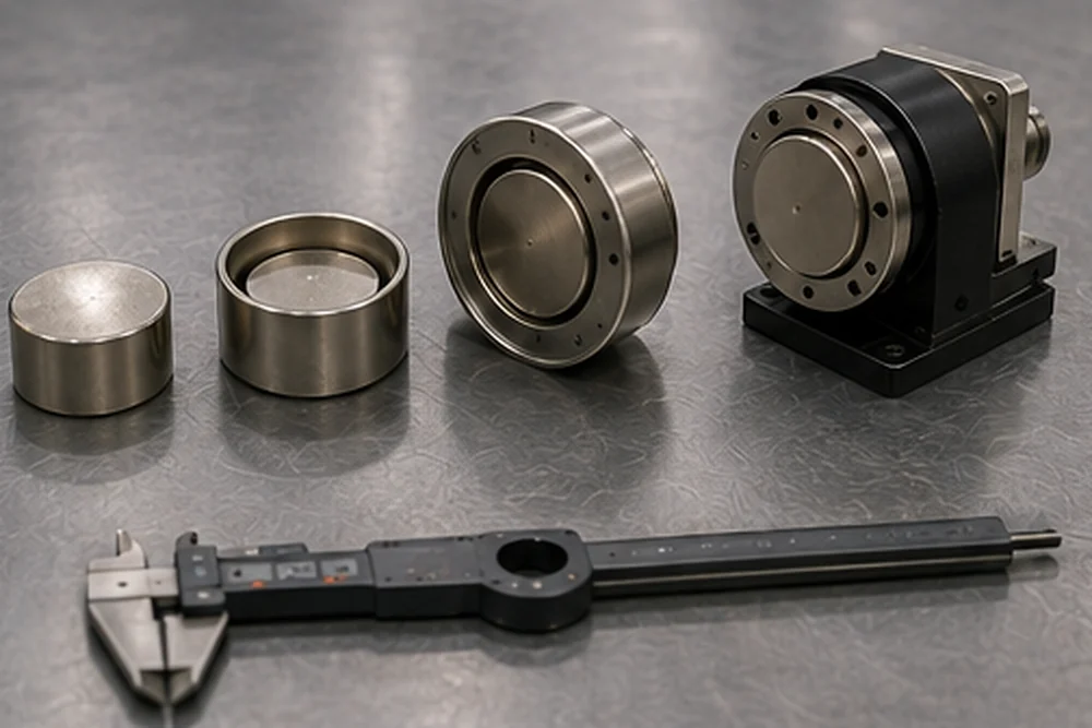 Magnet ohne Gehäuse, Stahltopf, Baugruppe im Gehäuse und fertige Magnetbaugruppe als Montagestufen auf einem technischen Arbeitstisch