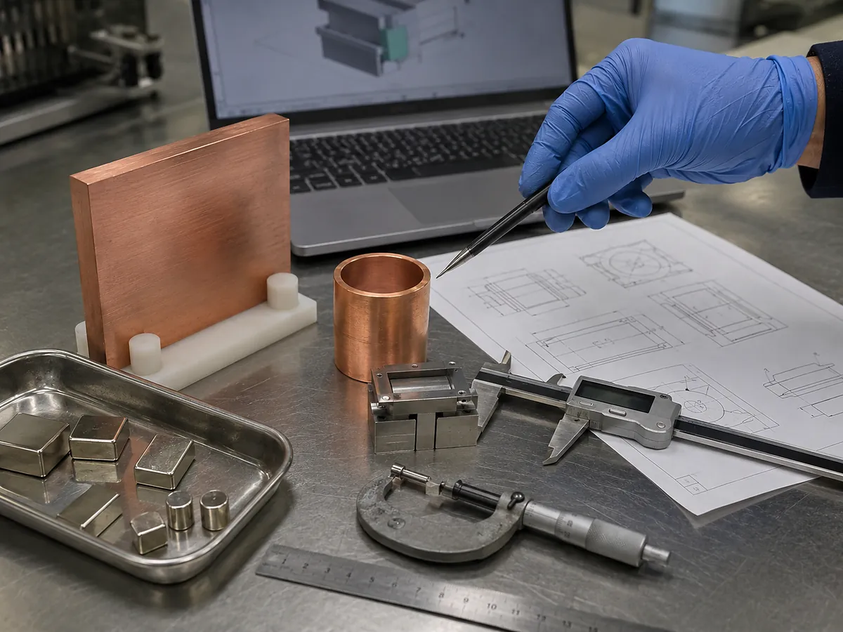 Étude technique de composants en cuivre, d’aimants en néodyme, de plans et d’instruments de mesure de précision