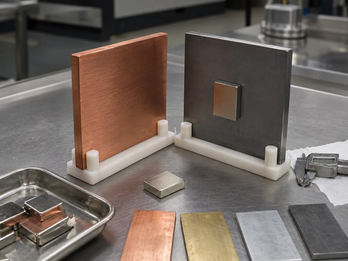 Plaques de cuivre et d’acier au carbone comparées avec des aimants en néodyme sur un banc d’essai des matériaux