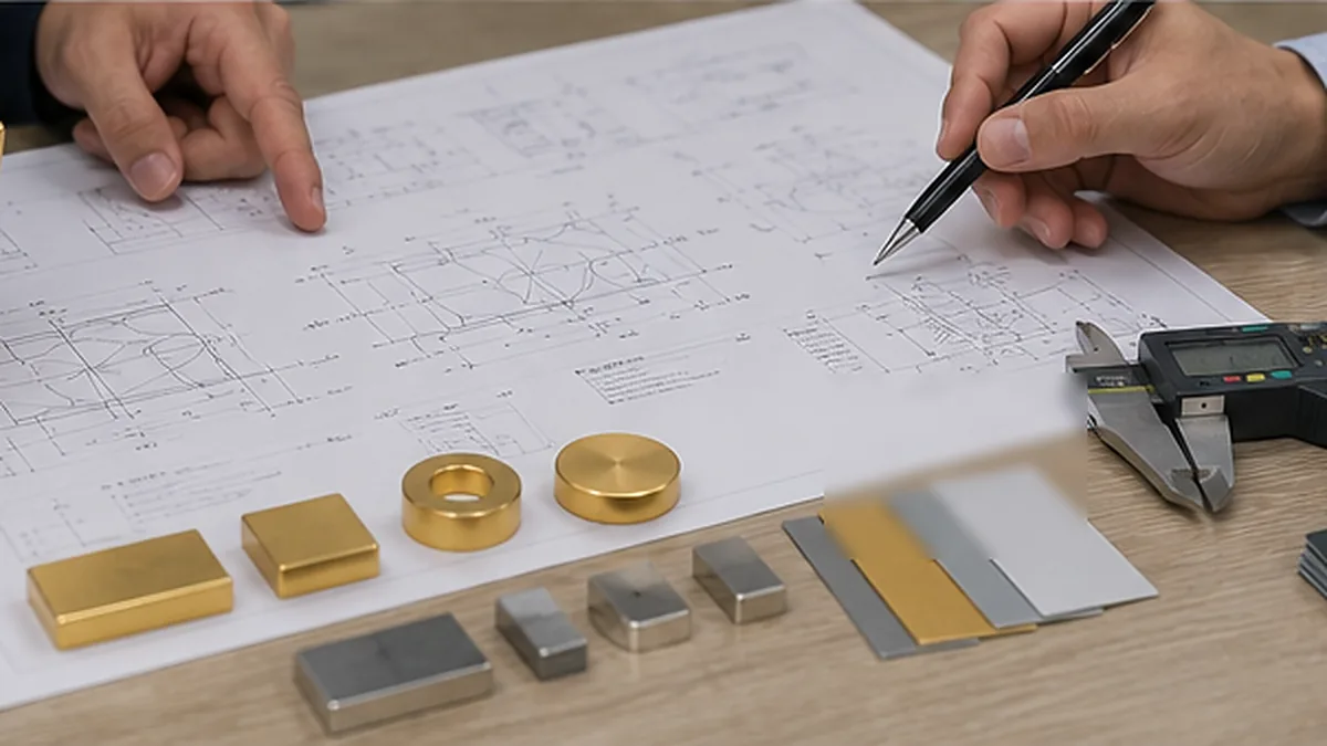 Ingénieurs examinant des échantillons d’aimants en néodyme plaqués or sur mesure, des plans techniques et des outils d’inspection.