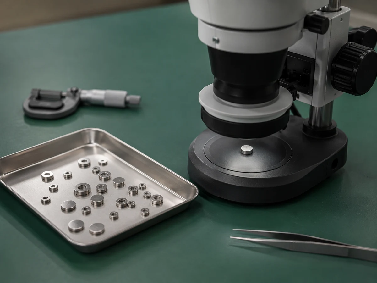 Inspección microscópica de pequeños imanes de neodimio para comprobar el recubrimiento y la calidad superficial