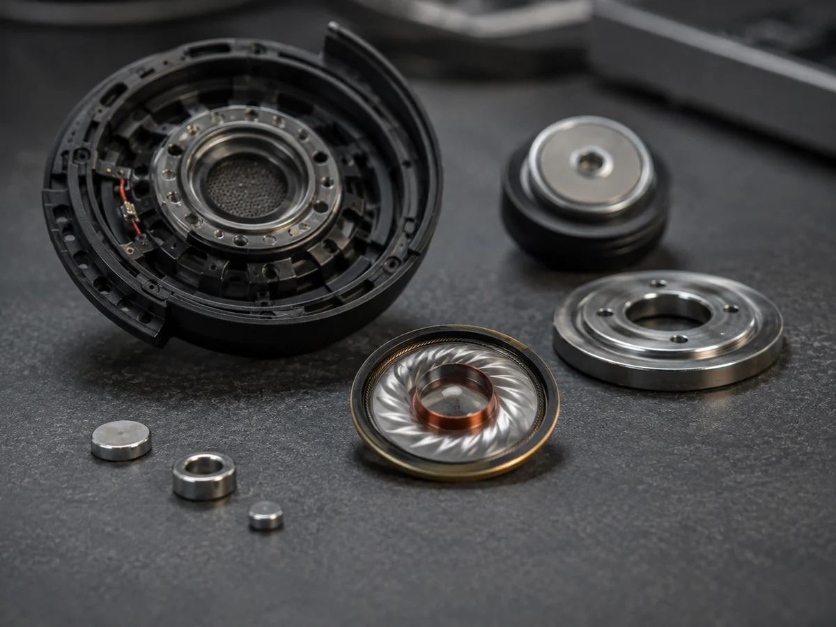Transductor de auriculares desmontado que muestra los componentes del circuito magnético y pequeños imanes de neodimio