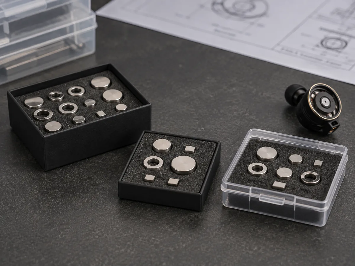 Muestras de imanes de neodimio personalizados para auriculares organizadas para revisión técnica