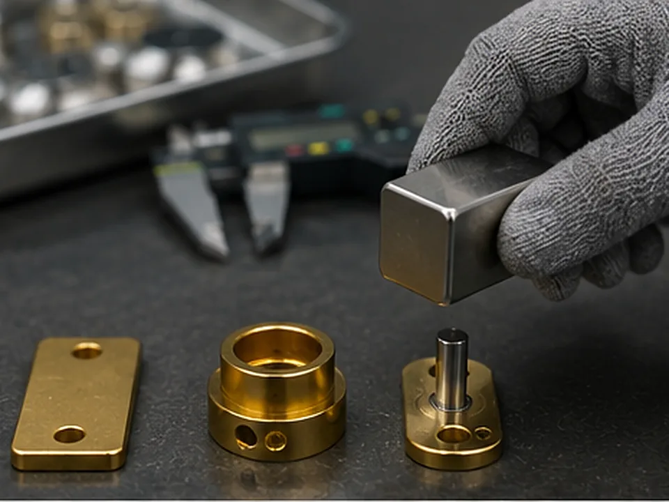 Pièces industrielles de couleur or contrôlées avec un aimant en néodyme afin de détecter la présence de matériaux magnétiques dissimulés.