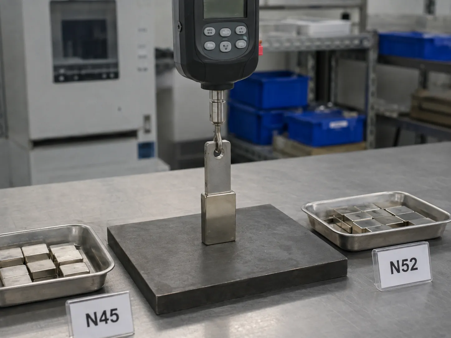 N45 versus N52 neodymium magnet pull force test setup