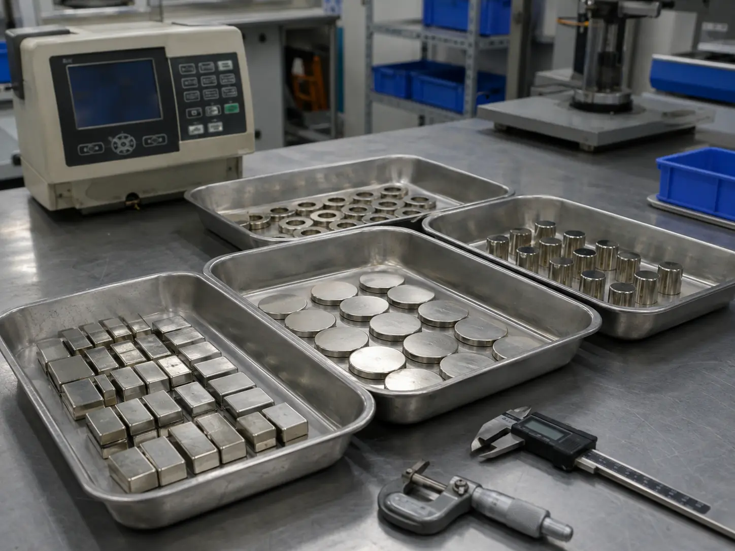 NdFeB magnet samples on a factory quality-control workbench