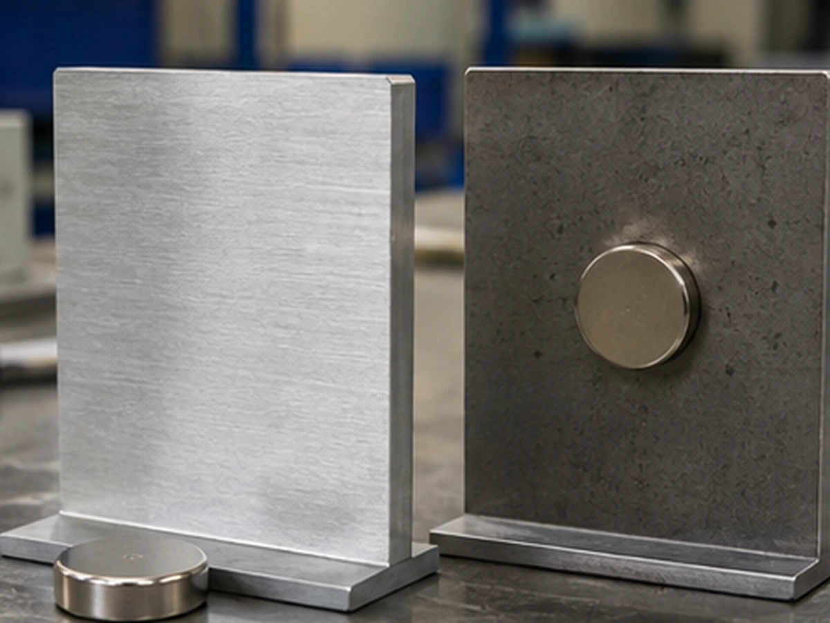 Aimant disque placé à côté d’une plaque d’aluminium et fixé à une plaque d’acier, illustrant la différence d’attraction magnétique