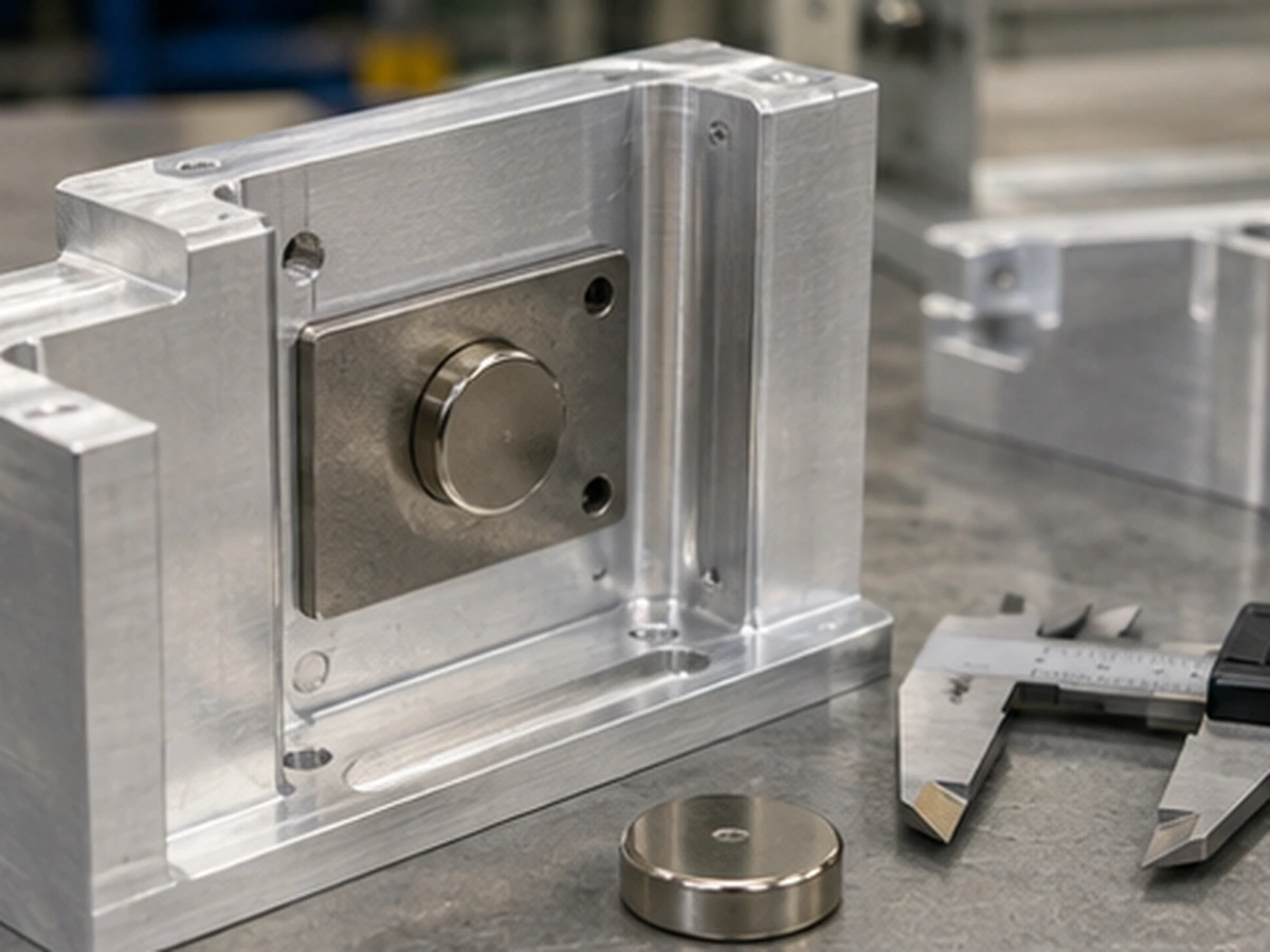 Aimant en néodyme monté sur une cible en acier intégrée à un support en aluminium usiné