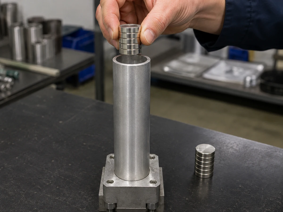 Empilement d’aimants disques en néodyme positionné au-dessus d’un tube vertical en aluminium pour un essai d’amortissement par courants de Foucault