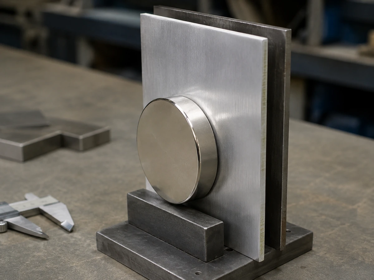 Aimant disque en néodyme agissant sur une cible en acier à travers une plaque d’aluminium dans un montage d’essai sur établi