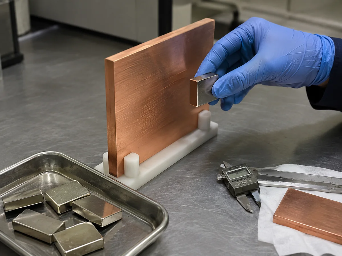 Plaque de cuivre pur testée avec un aimant en néodyme revêtu de nickel dans un laboratoire d’ingénierie