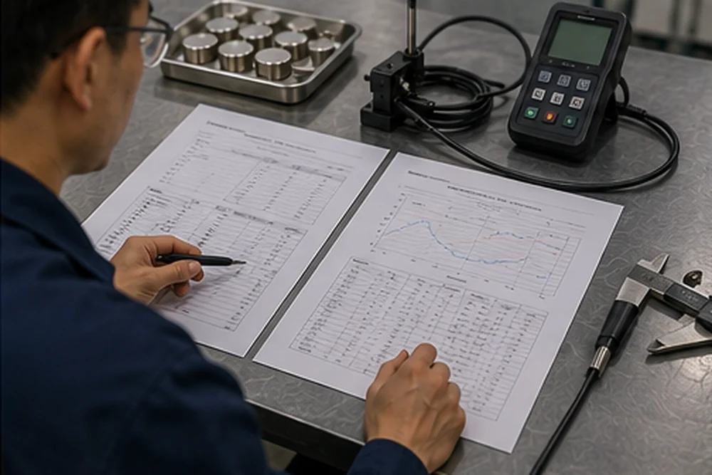 Qualitätsingenieur bei der Prüfung von Magnetprüfberichten neben Mustern und einem Gaussmeter