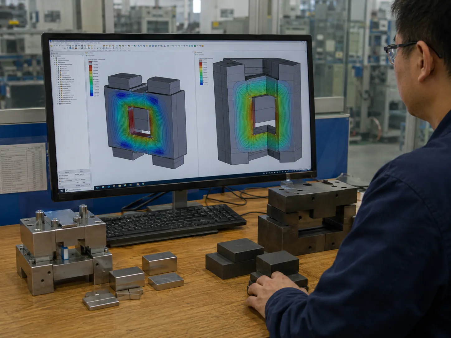 Neodymium and ferrite magnet designs compared using magnetic field simulation