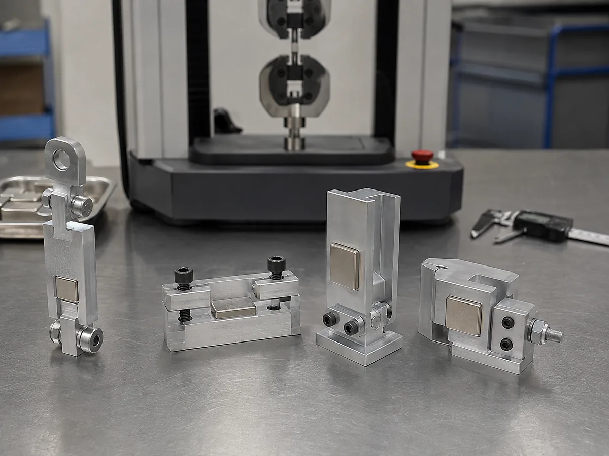 Modes de sollicitation en cisaillement, traction, pelage et clivage dans un assemblage collé d’un aimant en néodyme