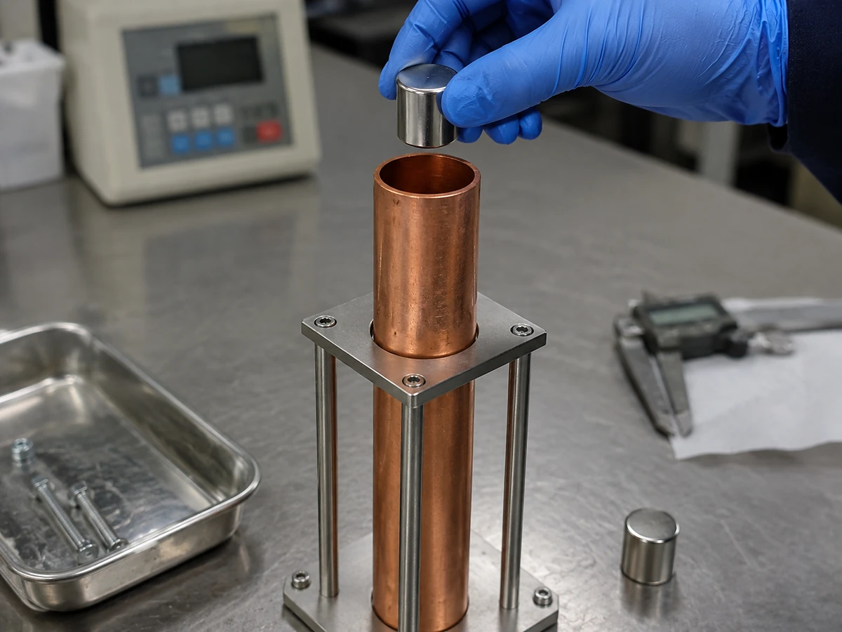 Aimant en néodyme revêtu de nickel positionné au-dessus d’un tube en cuivre pour un essai de chute par courants de Foucault