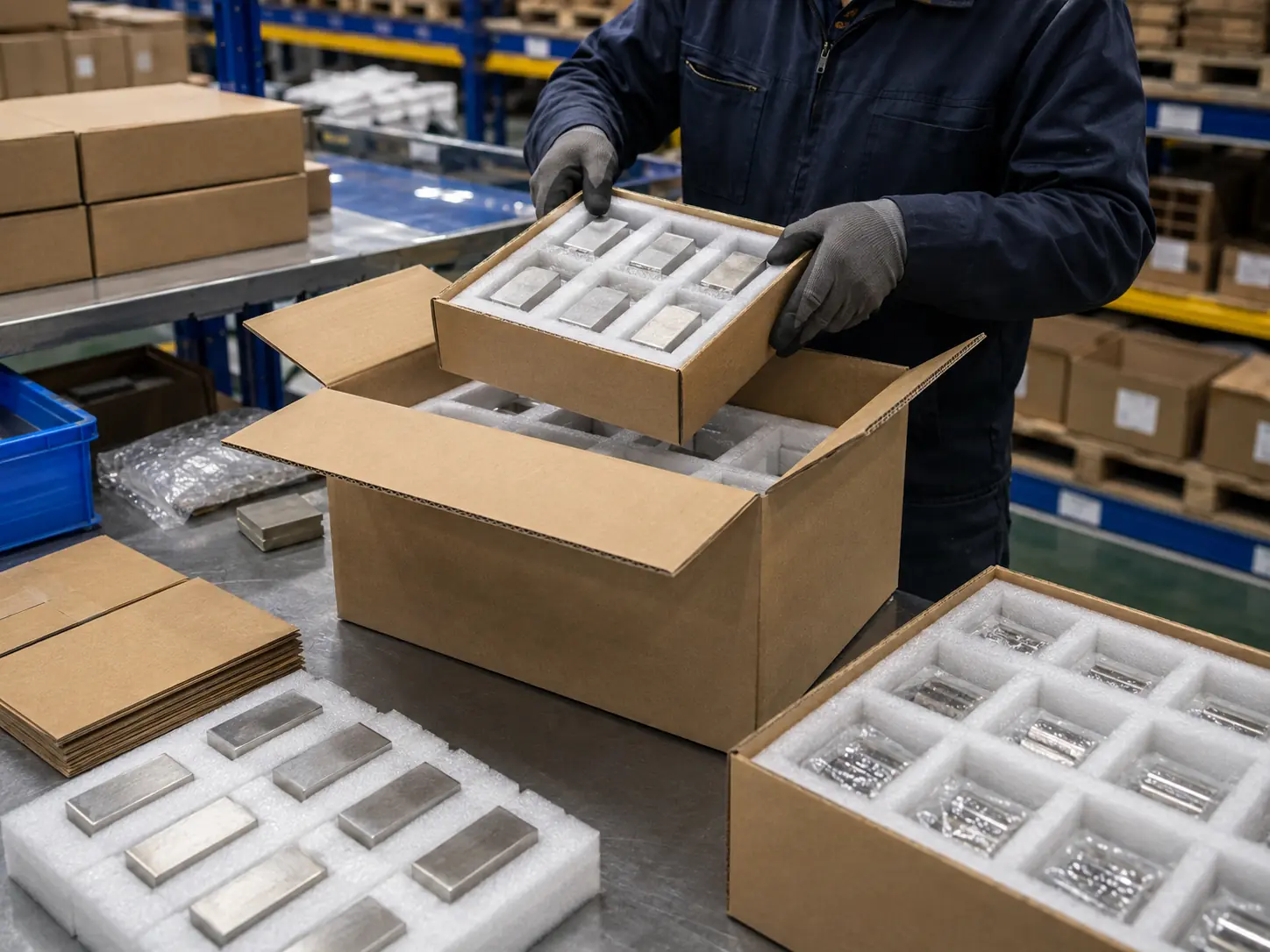 Protective industrial packaging prepared for international neodymium magnet shipment