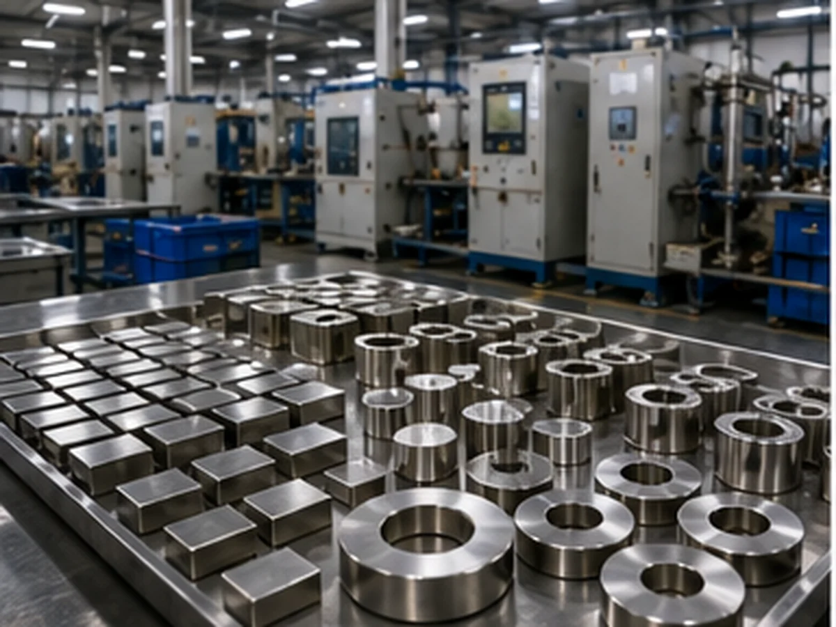 Aimants en néodyme finis, revêtus de nickel et disposés dans des plateaux sur un site de fabrication d’aimants