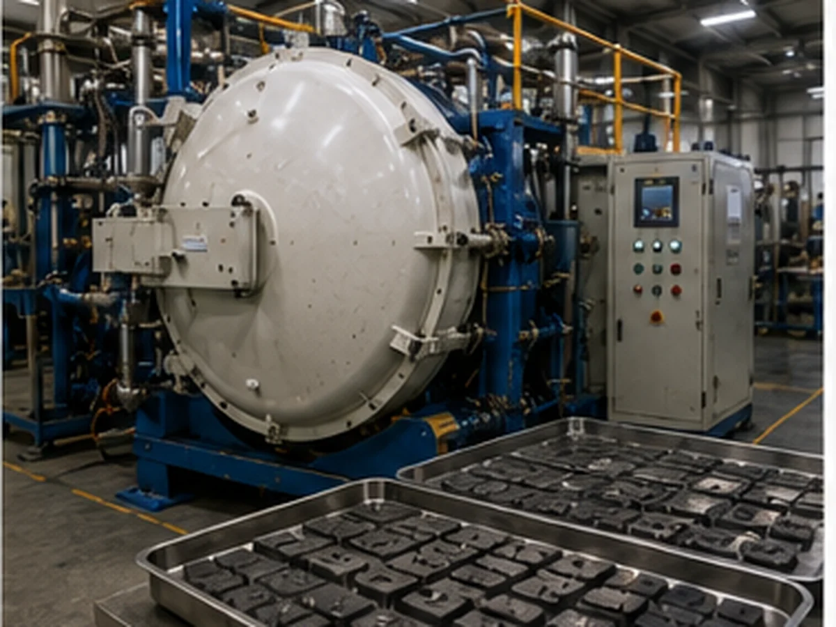 Four de frittage sous vide et compacts d’aimants en néodyme dans des plateaux de production
