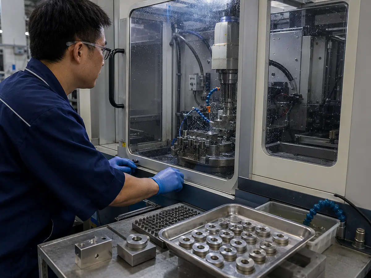 Mecanizado profesional de imanes de neodimio en un puesto de trabajo de fábrica controlado