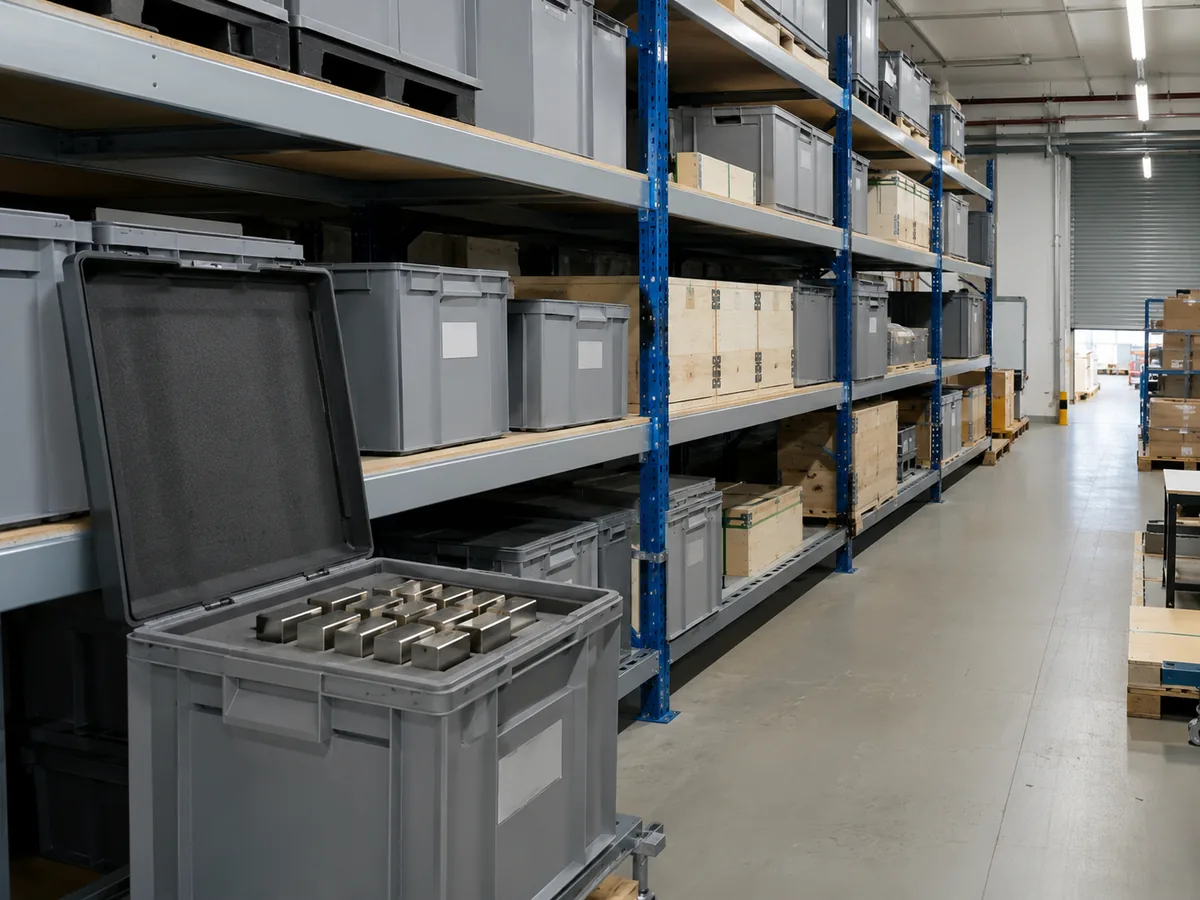 Geordnete Lagerung verpackter Neodym-Magnete in einem Industriewarenlager