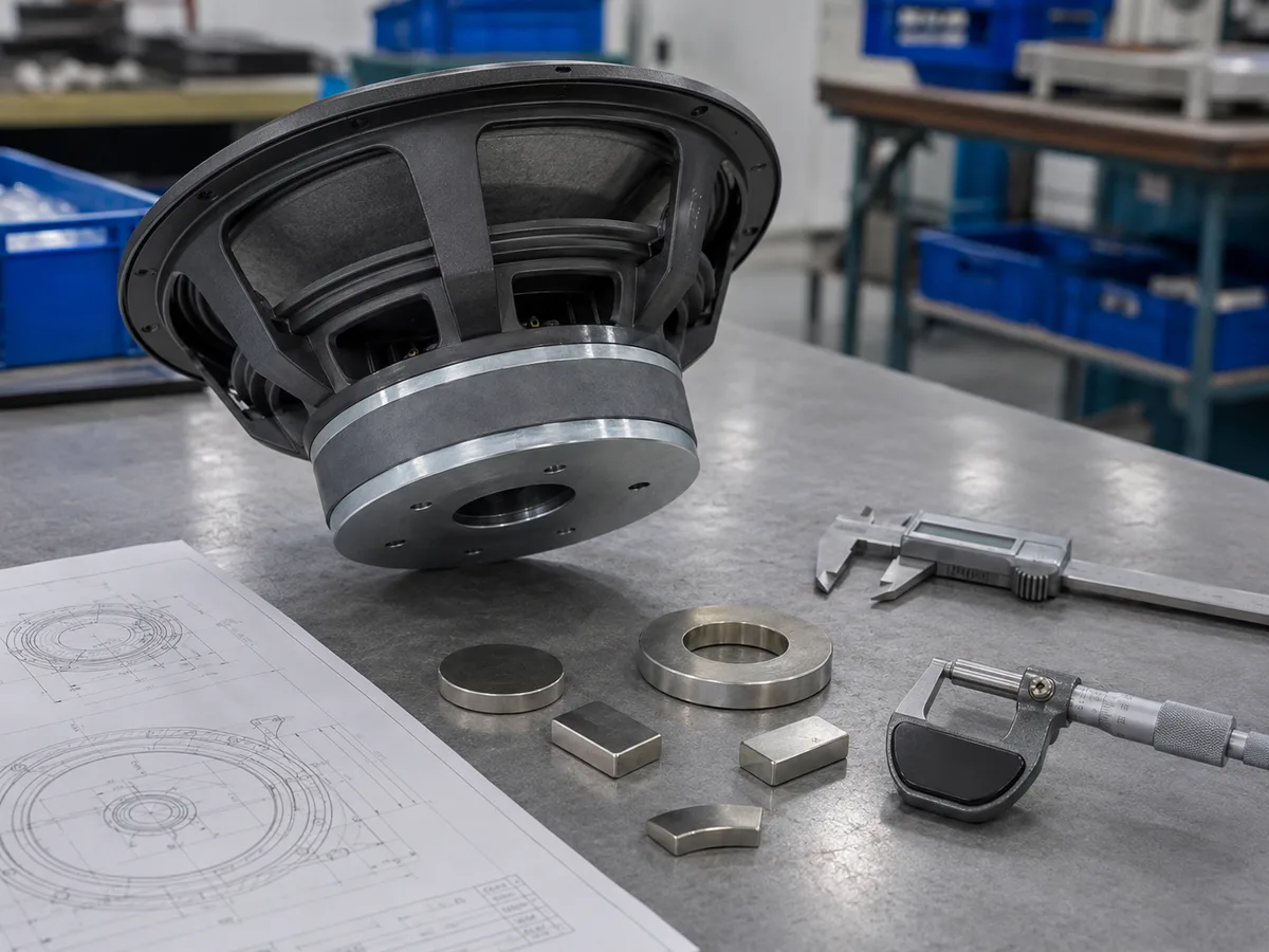 Revisione del progetto del magnete per altoparlante con trasduttore, campioni di magnete, disegno tecnico, calibro a corsoio e micrometro