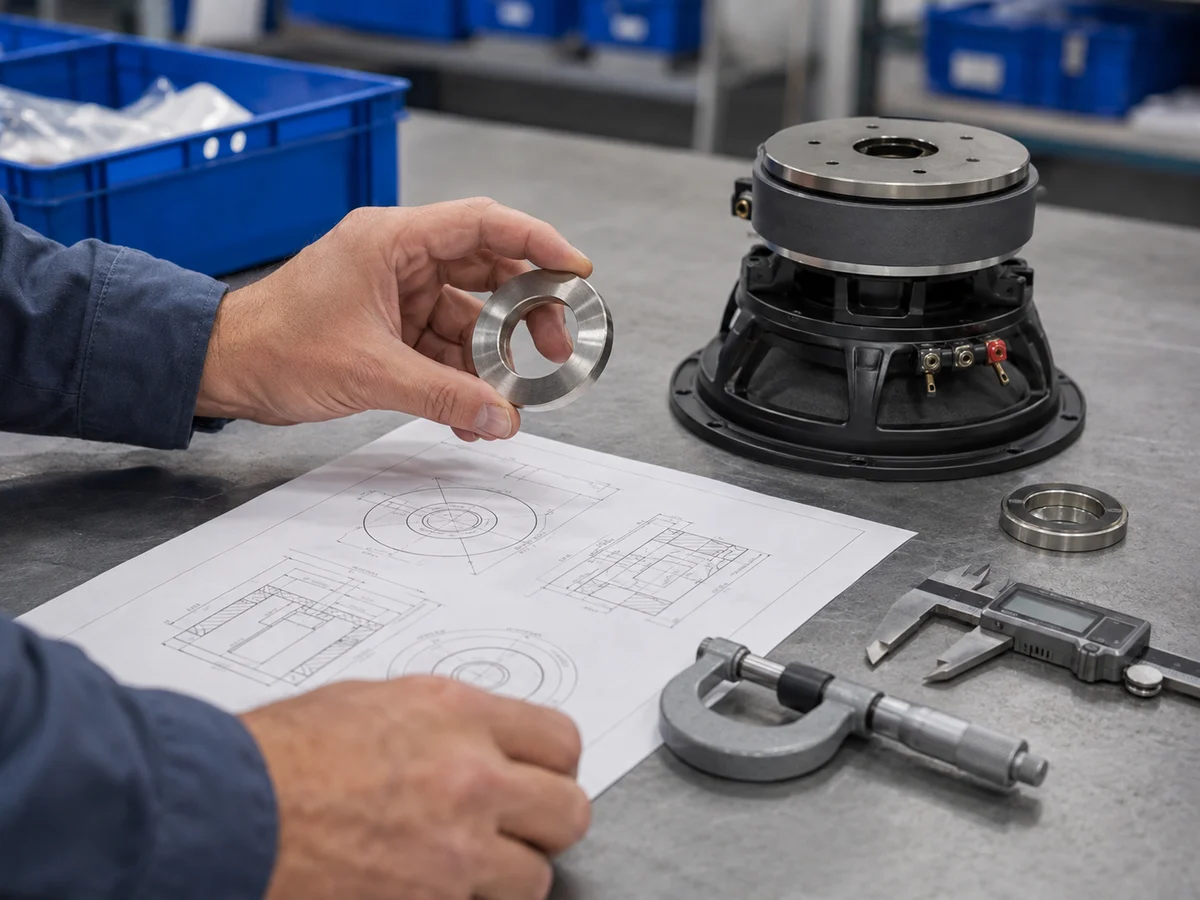 Tecnico che esamina un disegno tecnico di un magnete per altoparlante e un campione di magnete ad anello in neodimio prima della produzione