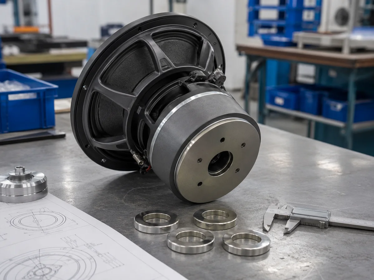 Magneti ad anello in neodimio personalizzati accanto a un driver per altoparlante OEM su un banco da lavoro di progettazione