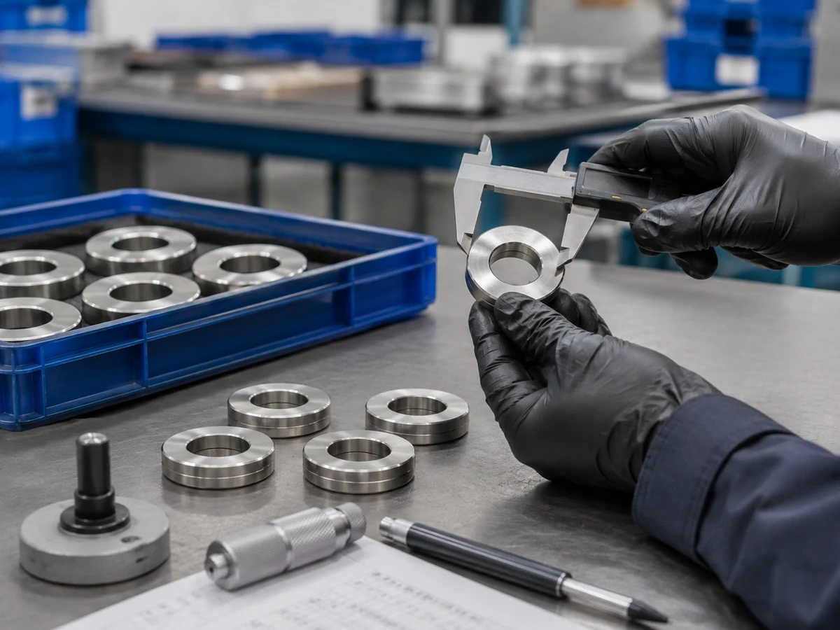Controllo qualità di un magnete ad anello personalizzato in neodimio con un calibro a corsoio digitale presso una postazione di controllo qualità in fabbrica