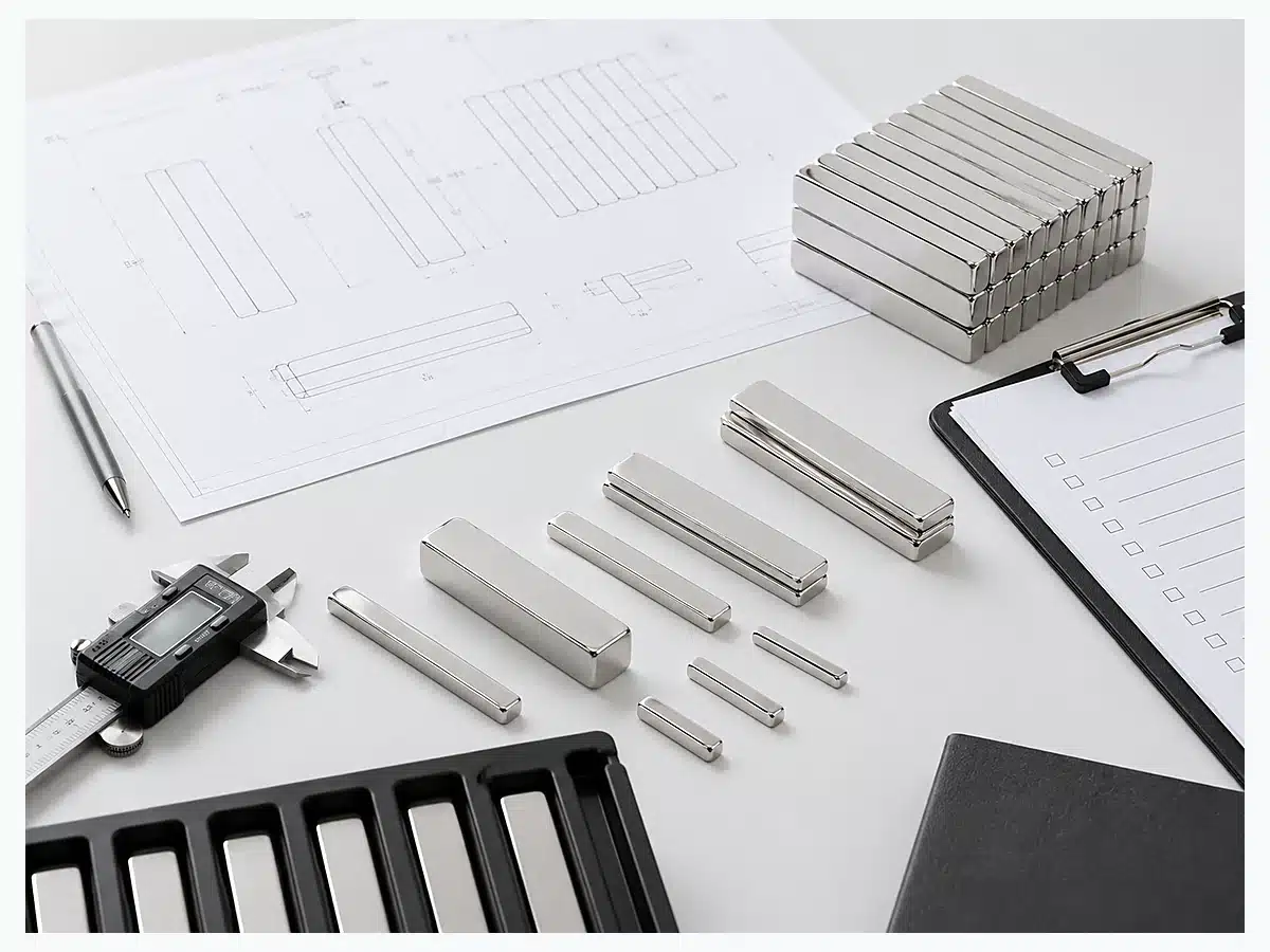 Area OSENC per disegni di produzione e controlli dei magneti a barra, con disegni tecnici e strumenti di ispezione