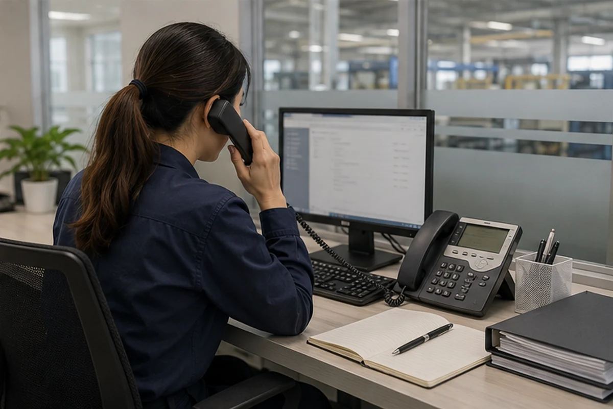 Poste de travail dédié aux contacts du support client dans les bureaux d’une entreprise industrielle