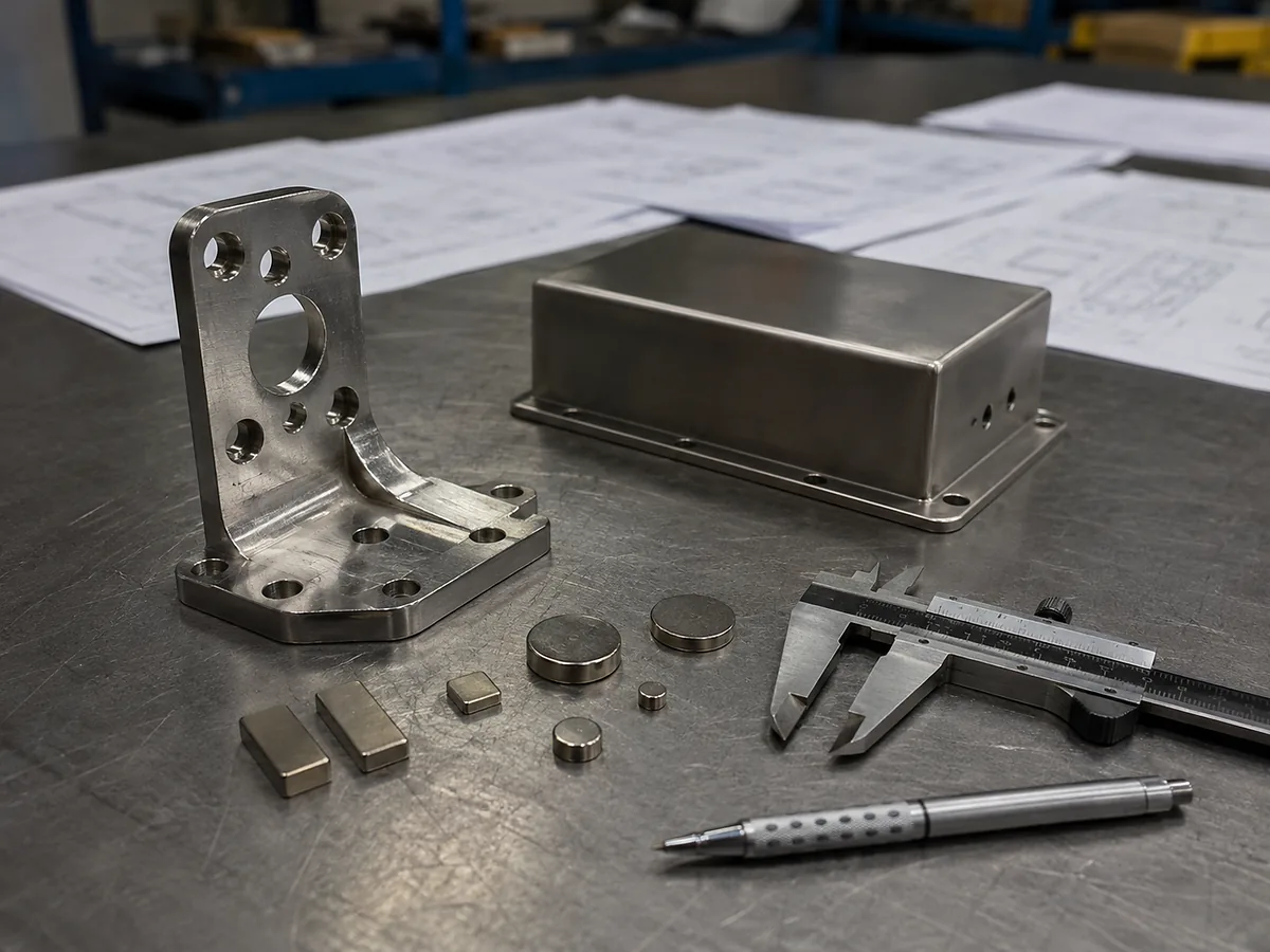 Examen d’une demande de devis pour un assemblage magnétique avec des échantillons en acier inoxydable, des aimants, un pied à coulisse et des plans techniques