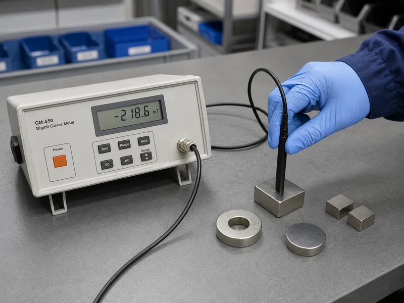 Gaussímetro que mide un imán de bloque de neodimio con una sonda de campo magnético conectada