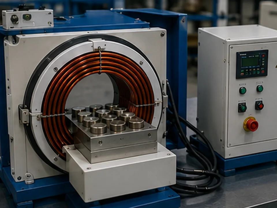 Bobina industriale di smagnetizzazione in corrente alternata con campioni di magneti permanenti posizionati in un’attrezzatura controllata