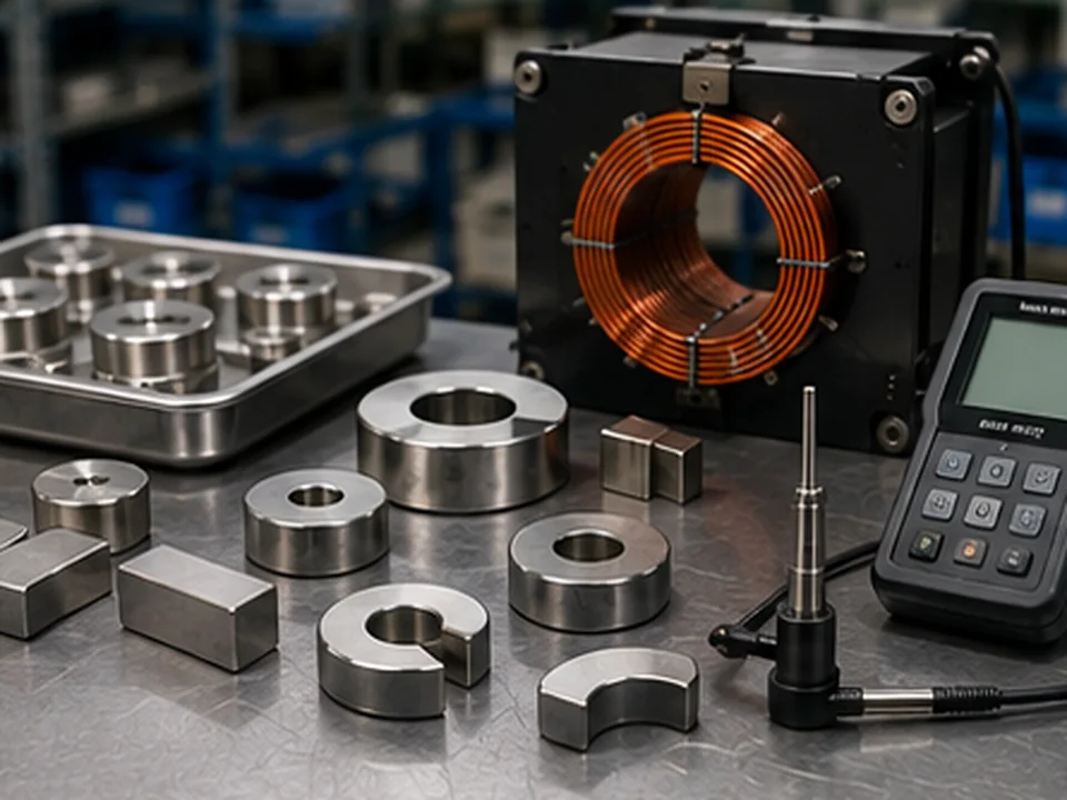 Campioni di magneti permanenti accanto a una bobina di smagnetizzazione professionale e a un misuratore di campo magnetico