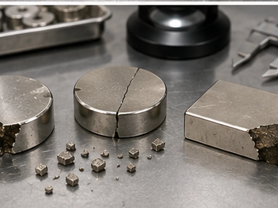 Controllo qualità di magneti permanenti con scheggiature realistiche sui bordi e danni da impatto