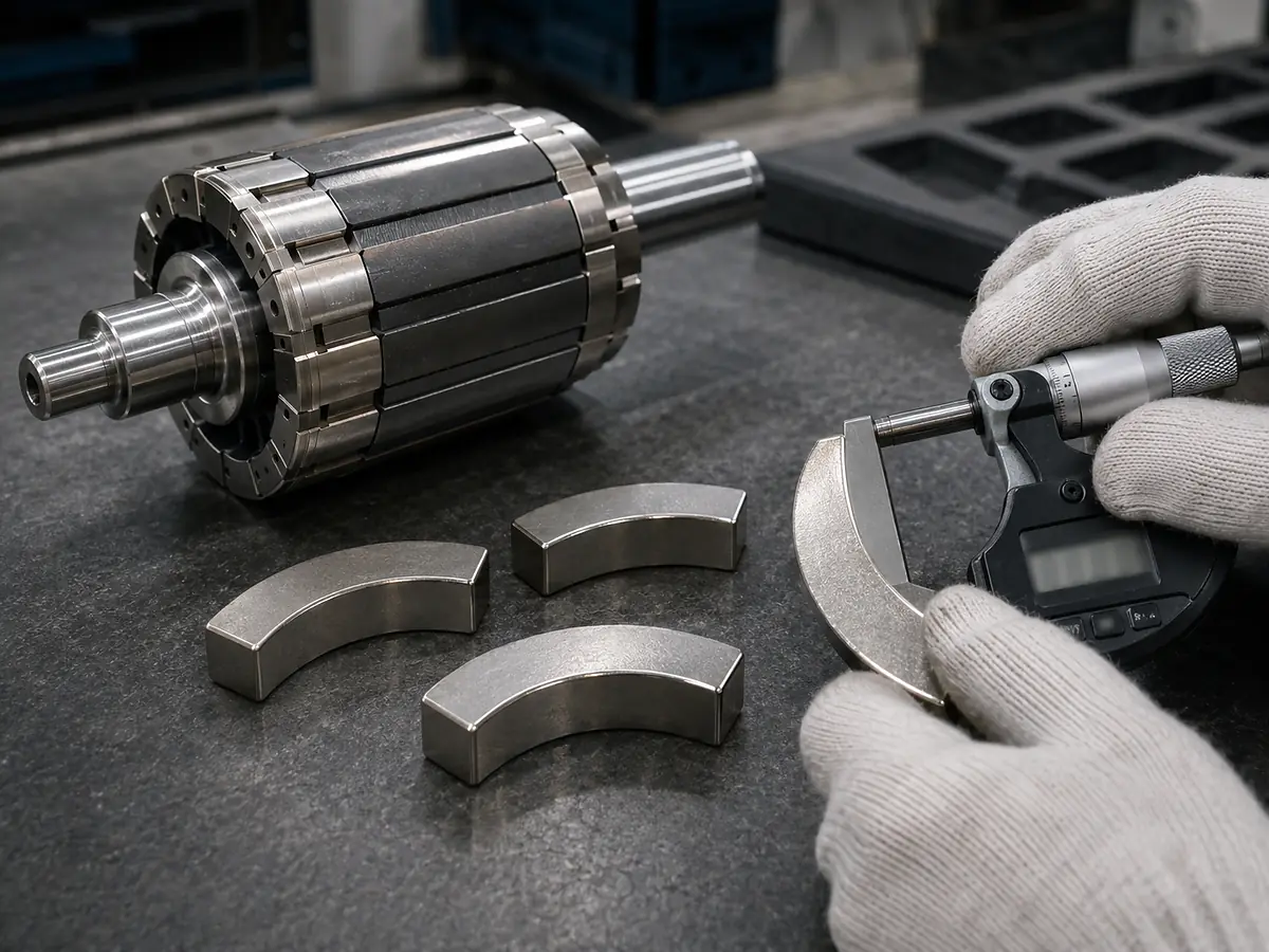 Bogenförmige Neodym-Motormagnete neben einem Permanentmagnetmotor-Rotor bei der Maßprüfung