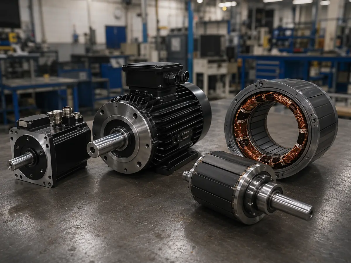 Magnetbaugruppen sowie Rotor- und Statorkomponenten eines Permanentmagnetmotors in einer technischen Werkstatt