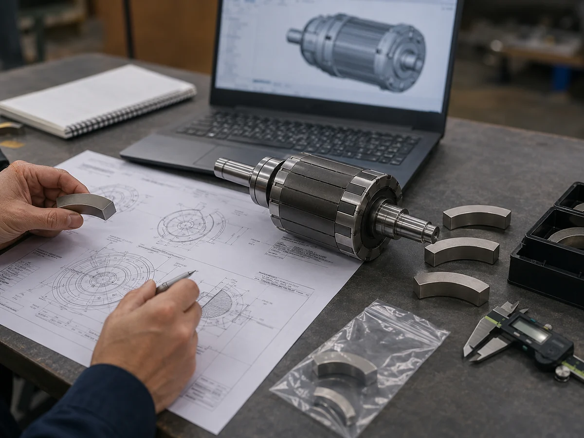 Technische Prüfung der Zeichnung eines Permanentmagnetmotor-Rotors und von Mustern bogenförmiger Magnete