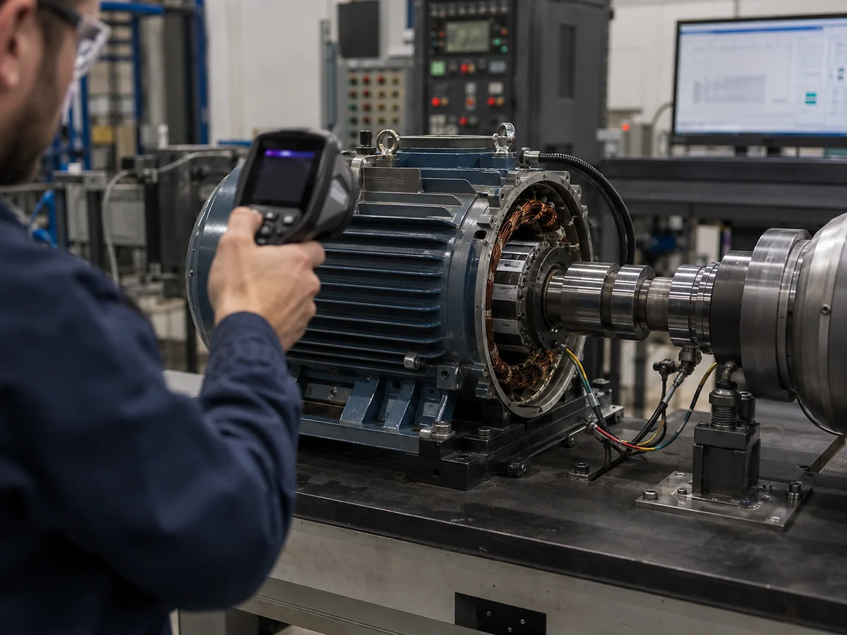 Ingenieur bei der thermischen Prüfung einer Elektromotor-Prüfbaugruppe