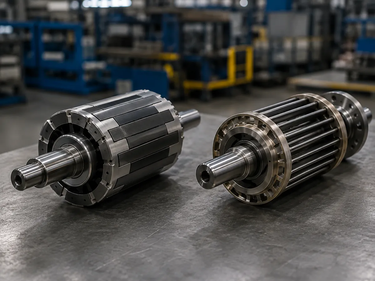 Rotor eines Permanentmagnetmotors neben dem Rotor eines Käfigläufer-Asynchronmotors