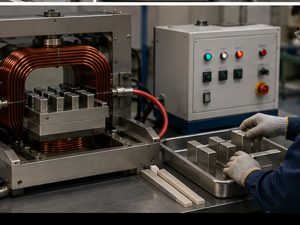Stazione industriale di magnetizzazione utilizzata per la rimagnetizzazione controllata di componenti a magnete permanente